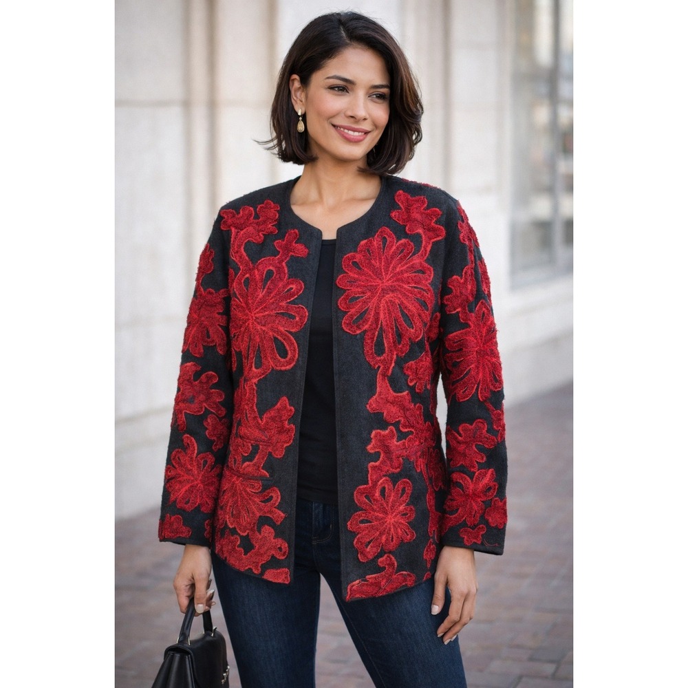 Chicos Design Black Red Floral Embroidered‎ Wool Blend Jacket Size 1